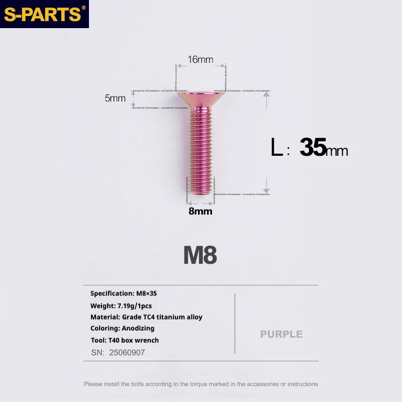 S-PARTS Countersunk Head series M8 L16-50mm Titanium Screws for Bike - Detail 33