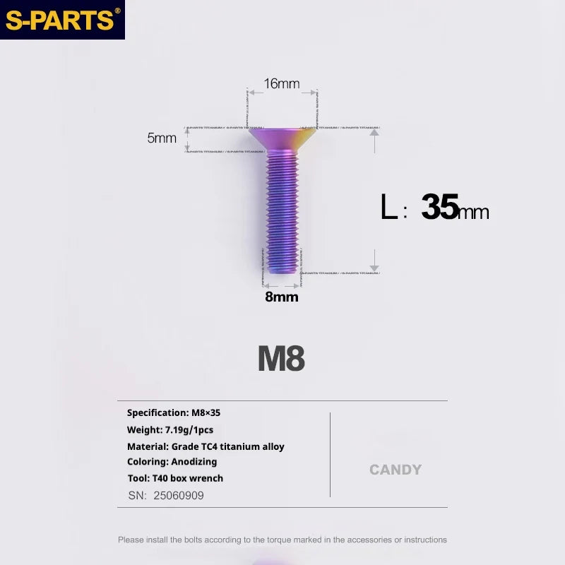 S-PARTS Countersunk Head series M8 L16-50mm Titanium Screws for Bike - Detail 37