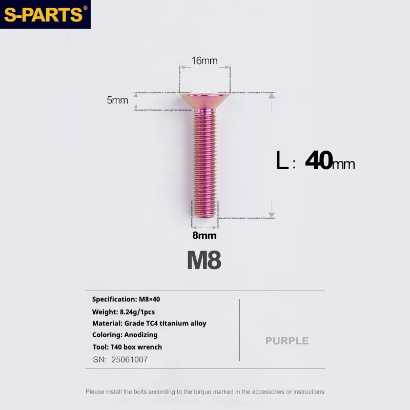 S-PARTS Countersunk Head series M8 L16-50mm Titanium Screws for Bike - Detail 41